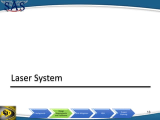 Background
Design
Requirements
and Fulfillment
Risk Mitigation V&V
Project
Planning
Laser System
13
 