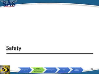 Background
Design
Requirements
and Fulfillment
Risk Mitigation V&V
Project
Planning
19
Safety
 