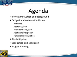 Agenda
 Project motivation and background
Design Requirements Fulfillment
Thermal
Safety System
Powder Bed System
Software Integration
Electronics Integration
Risk Mitigation
Verification and Validation
Project Planning
 
