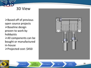 Background
Design
Requirements
and Fulfillment
Risk Mitigation V&V
Project
Planning
3D View
Based off of previous
open source projects
Baseline design
proven to work by
hobbyists
All components can be
bought or manufactured
in-house
Projected cost: $450
26
 