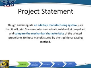 Background
Design
Requirements
and Fulfillment
Risk Mitigation V&V
Project
Planning
Project Statement
Design and integrate an additive manufacturing system such
that it will print Sucrose-potassium nitrate solid rocket propellant
and compare the mechanical characteristics of the printed
propellants to those manufactured by the traditional casting
method.
3
 