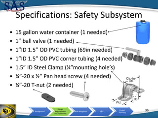 Background
Design
Requirements
and Fulfillment
Risk Mitigation V&V
Project
Planning
Specifications: Safety Subsystem
• 15 gallon water container (1 needed)
• 1” ball valve (1 needed)
• 1”ID 1.5” OD PVC tubing (69in needed)
• 1”ID 1.5” OD PVC corner tubing (4 needed)
• 1.5” ID Steel Clamp (¼”mounting hole’s)
• ¼”-20 x ½” Pan head screw (4 needed)
• ¼”-20 T-nut (2 needed)
36
 