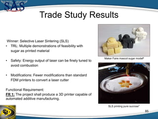 Trade Study Results
Winner: Selective Laser Sintering (SLS)
• TRL: Multiple demonstrations of feasibility with
sugar as printed material
• Safety: Energy output of laser can be finely tuned to
avoid combustion
• Modifications: Fewer modifications than standard
FDM printers to convert a laser cutter
Functional Requirement:
FR 1: The project shall produce a 3D printer capable of
automated additive manufacturing.
Maker Faire mascot sugar model6
SLS printing pure sucrose7
85
 