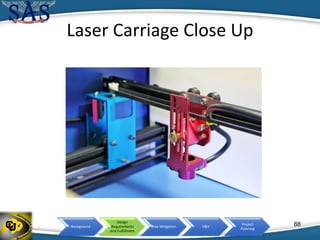 Background
Design
Requirements
and Fulfillment
Risk Mitigation V&V
Project
Planning
Laser Carriage Close Up
88
 