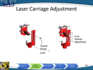 Background
Design
Requirements
and Fulfillment
Risk Mitigation V&V
Project
Planning
Laser Carriage Adjustment
Focusing
Lens
Thumb
Screw
5 cm
Vertical
Adjustment
89
 