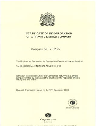 Taurus Certificate of Incorporation document