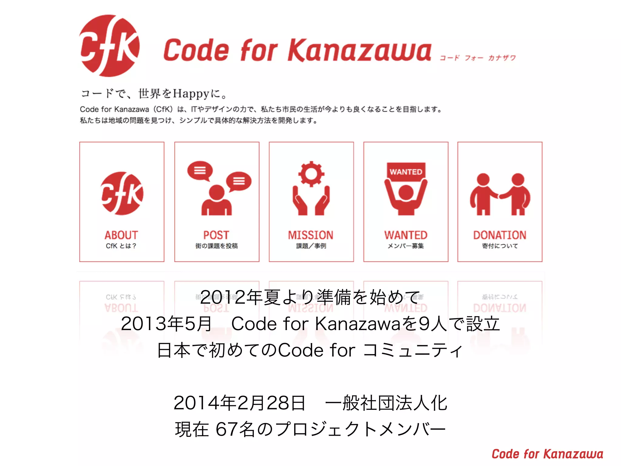 2012年夏より準備を始めて
2013年5月 Code for Kanazawaを9人で設立
日本で初めてのCode for コミュニティ
2014年2月28日 一般社団法人化
現在 67名のプロジェクトメンバー
 