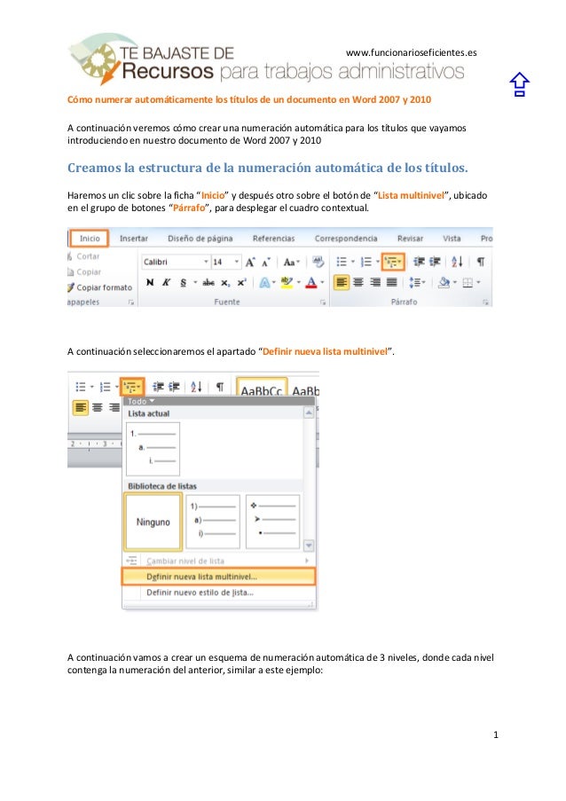 Cómo numerar automáticamente los títulos de un documento word 2007 y