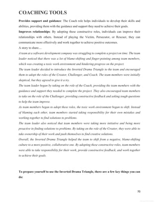 COACHING TOOLS
70
General Information
Provides support and guidance: The Coach role helps individuals to develop their skills and
abilities, providing them with the guidance and support they need to achieve their goals.
Improves relationships: By adopting these constructive roles, individuals can improve their
relationships with others. Instead of playing the Victim, Persecutor, or Rescuer, they can
communicate more effectively and work together to achieve positive outcomes.
A story to share....
A team at a software development company was struggling to complete a project on time. The team
leader noticed that there was a lot of blame-shifting and finger-pointing among team members,
which was creating a toxic work environment and hindering progress on the project.
The team leader decided to introduce the Inverted Drama Triangle to the team and encouraged
them to adopt the roles of the Creator, Challenger, and Coach. The team members were initially
skeptical, but they agreed to give it a try.
The team leader began by taking on the role of the Coach, providing the team members with the
guidance and support they needed to complete the project. They also encouraged team members
to take on the role of the Challenger, providing constructive feedback and asking tough questions
to help the team improve.
As team members began to adopt these roles, the toxic work environment began to shift. Instead
of blaming each other, team members started taking responsibility for their own mistakes and
working together to find solutions to problems.
The team leader also noticed that team members were taking more initiative and being more
proactive in finding solutions to problems. By taking on the role of the Creator, they were able to
take ownership of their work and push themselves to find creative solutions.
Overall, the Inverted Drama Triangle helped the team to shift from a negative, blame-shifting
culture to a more positive, collaborative one. By adopting these constructive roles, team members
were able to take responsibility for their work, provide constructive feedback, and work together
to achieve their goals.
To prepare yourself to use the Inverted Drama Triangle, there are a few key things you can
do:
 