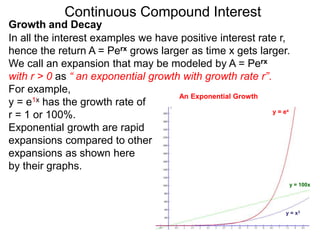 Continuous Compound Interest
y = e1x has the growth rate of
r = 1 or 100%.
Exponential growth are rapid
expansions compared to other
expansions as shown here
by their graphs.
y = x3
y = 100x
y = ex
Growth and Decay
In all the interest examples we have positive interest rate r,
hence the return A = Perx grows larger as time x gets larger.
We call an expansion that may be modeled by A = Perx
with r > 0 as “ an exponential growth with growth rate r”.
For example,
An Exponential Growth
 