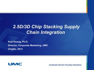 2.5D/3D Chip Stacking Supply
Chain Integration
Kurt Huang, Ph.D.
Director, Corporate Marketing, UMC
ChipEx, 2013
 