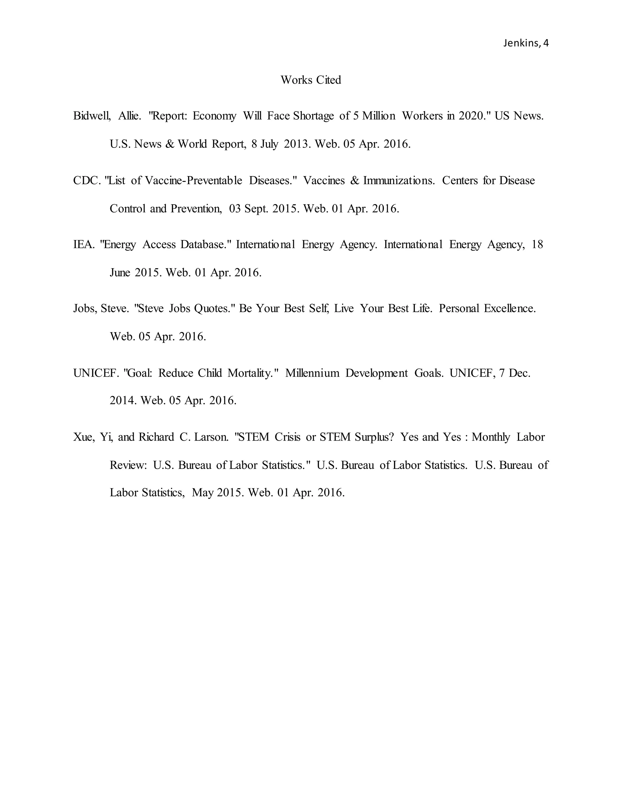 Jenkins, 4
Works Cited
Bidwell, Allie. "Report: Economy Will Face Shortage of 5 Million Workers in 2020." US News.
U.S. News & World Report, 8 July 2013. Web. 05 Apr. 2016.
CDC. "List of Vaccine-Preventable Diseases." Vaccines & Immunizations. Centers for Disease
Control and Prevention, 03 Sept. 2015. Web. 01 Apr. 2016.
IEA. "Energy Access Database." International Energy Agency. International Energy Agency, 18
June 2015. Web. 01 Apr. 2016.
Jobs, Steve. "Steve Jobs Quotes." Be Your Best Self, Live Your Best Life. Personal Excellence.
Web. 05 Apr. 2016.
UNICEF. "Goal: Reduce Child Mortality." Millennium Development Goals. UNICEF, 7 Dec.
2014. Web. 05 Apr. 2016.
Xue, Yi, and Richard C. Larson. "STEM Crisis or STEM Surplus? Yes and Yes : Monthly Labor
Review: U.S. Bureau of Labor Statistics." U.S. Bureau of Labor Statistics. U.S. Bureau of
Labor Statistics, May 2015. Web. 01 Apr. 2016.
 