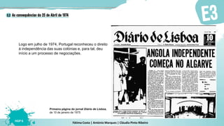 Fátima Costa | António Marques | Cláudia Pinto Ribeiro
HGP 6
Logo em julho de 1974, Portugal reconheceu o direito
à independência das suas colónias e, para tal, deu
início a um processo de negociações.
Primeira página do jornal Diário de Lisboa,
de 10 de janeiro de 1975
 