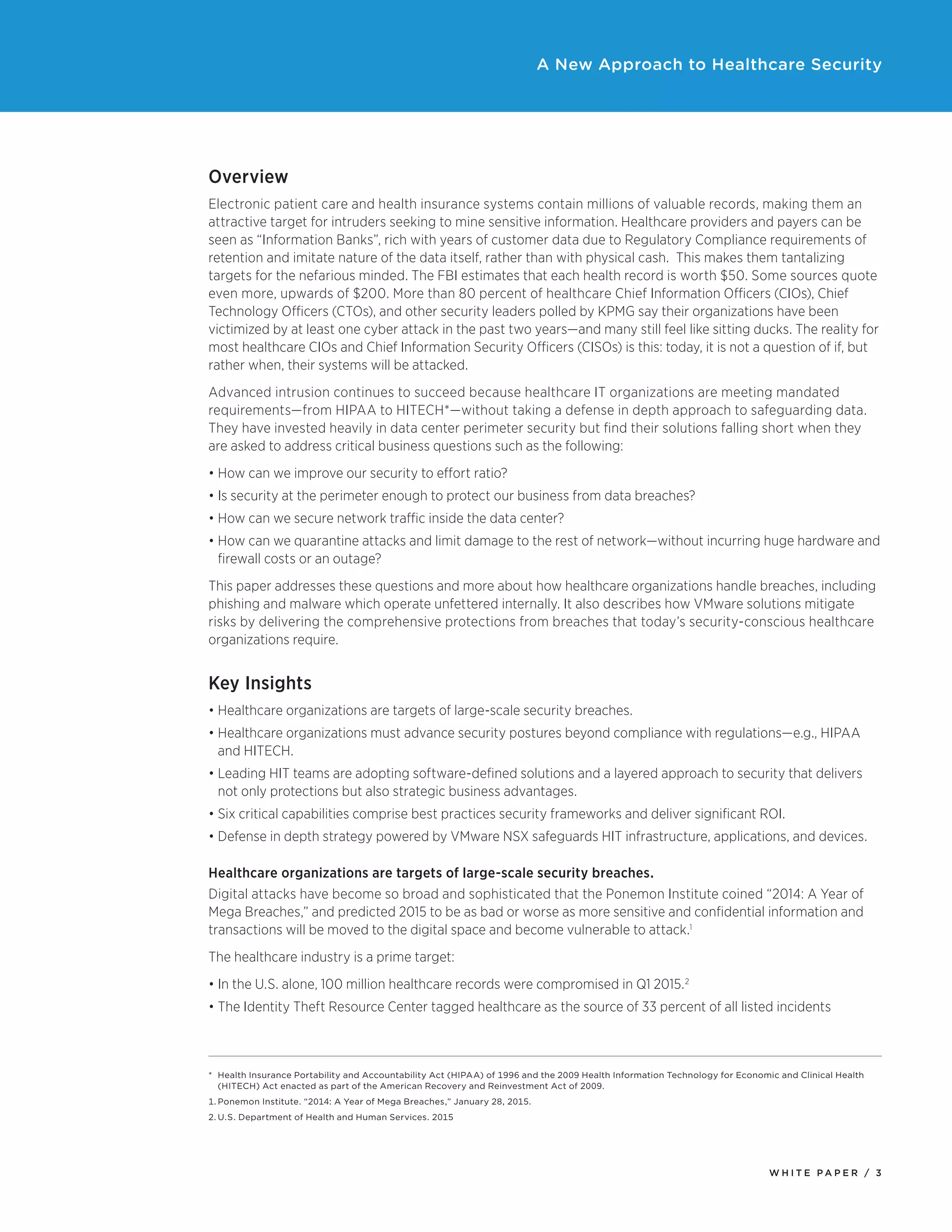 W H I T E P A P E R / 3
A New Approach to Healthcare Security
Overview
Electronic patient care and health insurance systems contain millions of valuable records, making them an
attractive target for intruders seeking to mine sensitive information. Healthcare providers and payers can be
seen as “Information Banks”, rich with years of customer data due to Regulatory Compliance requirements of
retention and imitate nature of the data itself, rather than with physical cash.  This makes them tantalizing
targets for the nefarious minded. The FBI estimates that each health record is worth $50. Some sources quote
even more, upwards of $200. More than 80 percent of healthcare Chief Information Officers (CIOs), Chief
Technology Officers (CTOs), and other security leaders polled by KPMG say their organizations have been
victimized by at least one cyber attack in the past two years—and many still feel like sitting ducks. The reality for
most healthcare CIOs and Chief Information Security Officers (CISOs) is this: today, it is not a question of if, but
rather when, their systems will be attacked.
Advanced intrusion continues to succeed because healthcare IT organizations are meeting mandated
requirements—from HIPAA to HITECH*—without taking a defense in depth approach to safeguarding data.
They have invested heavily in data center perimeter security but find their solutions falling short when they
are asked to address critical business questions such as the following:
•	How can we improve our security to effort ratio?
•	Is security at the perimeter enough to protect our business from data breaches?
•	How can we secure network traffic inside the data center?
•	How can we quarantine attacks and limit damage to the rest of network—without incurring huge hardware and
firewall costs or an outage?
This paper addresses these questions and more about how healthcare organizations handle breaches, including
phishing and malware which operate unfettered internally. It also describes how VMware solutions mitigate
risks by delivering the comprehensive protections from breaches that today’s security-conscious healthcare
organizations require.
Key Insights
•	Healthcare organizations are targets of large-scale security breaches.
•	Healthcare organizations must advance security postures beyond compliance with regulations—e.g., HIPAA
and HITECH.
•	Leading HIT teams are adopting software-defined solutions and a layered approach to security that delivers
not only protections but also strategic business advantages.
•	Six critical capabilities comprise best practices security frameworks and deliver significant ROI.
•	Defense in depth strategy powered by VMware NSX safeguards HIT infrastructure, applications, and devices.
Healthcare organizations are targets of large-scale security breaches.
Digital attacks have become so broad and sophisticated that the Ponemon Institute coined “2014: A Year of
Mega Breaches,” and predicted 2015 to be as bad or worse as more sensitive and confidential information and
transactions will be moved to the digital space and become vulnerable to attack.1
The healthcare industry is a prime target:
•	In the U.S. alone, 100 million healthcare records were compromised in Q1 2015.2
•	The Identity Theft Resource Center tagged healthcare as the source of 33 percent of all listed incidents
*	Health Insurance Portability and Accountability Act (HIPAA) of 1996 and the 2009 Health Information Technology for Economic and Clinical Health
(HITECH) Act enacted as part of the American Recovery and Reinvestment Act of 2009.
1.	Ponemon Institute. “2014: A Year of Mega Breaches,” January 28, 2015.
2.	U.S. Department of Health and Human Services. 2015
 