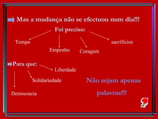 Mas a mudança não se efectuou num dia!!! Tempo Empenho Coragem sacrifícios Foi preciso: Para que: Liberdade Solidariedade Democracia Não sejam apenas palavras!!! 