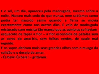 E o sol, um dia, apareceu pela madrugada, mesmo sobre a
noite. Nasceu mais cedo do que nunca, nem sabíamos como
podia ter nascido assim quando a Terra se movia
exactamente como nos outros dias. E veio de madrugada
misturado com música tão mansa que as sombras se haviam
esquecido de tapar a flor – a flor escondida de pétalas sem
as cores do arco-íris, sem folhas verdes, de caule mal
erguido.
E os sapos abriram mais seus grandes olhos com o musgo da
solidão e o desejo de amar.
- És bela! És bela! – gritaram.
 