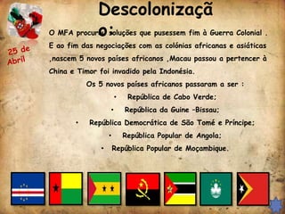 Descolonizaçã
            o:
O MFA procurou soluções que pusessem fim à Guerra Colonial .
E ao fim das negociações com as colónias africanas e asiáticas
,nascem 5 novos países africanos ,Macau passou a pertencer à
China e Timor foi invadido pela Indonésia.
           Os 5 novos países africanos passaram a ser :
                       •    República de Cabo Verde;
                   •       República da Guine –Bissau;
       •   República Democrática de São Tomé e Príncipe;
                   •       República Popular de Angola;
               •       República Popular de Moçambique.
 