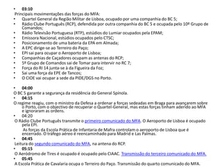 03:10 Principais movimentações das forças do MFA: Quartel General da Região Militar de Lisboa, ocupado por uma companhia do BC 5; Rádio Clube Português (RCP), defendida por outra companhia do BC 5 e ocupada pelo 10º Grupo de Comandos; Rádio Televisão Portuguesa (RTP), estúdios do Lumiar ocupados pela EPAM; Emissora Nacional, estúdios ocupados pelo CTSC; Posicionamento de uma bateria da EPA em Almada; A EPC dirige-se ao Terreiro do Paço; EPI sai para ocupar o Aeroporto de Lisboa; Companhias de Caçadores ocupam as antenas do RCP; 5º Grupo de Comandos sai de Tomar para intervir no RC 7; Força do RI 14 junta-se à da Figueira da Foz; Sai uma força da EPE de Tancos; O CIOE vai ocupar a sede da PIDE/DGS no Porto.04:00O BC 5 garante a segurança da residência do General Spínola. 04:15O regime reagiu, com o ministro da Defesa a ordenar a forças sedeadas em Braga para avançarem sobre o Porto, com o objectivo de recuperar o Quartel-General, mas estas forças tinham aderido ao MFA e ignoraram as ordens. 04:20 O Rádio Clube Português transmite o primeiro comunicado do MFA. O Aeroporto de Lisboa é ocupado pela EPI.          As forças da Escola Prática de Infantaria de Mafra controlam o aeroporto de Lisboa que é encerrado. O tráfego aéreo é reencaminhado para Madrid e Las Palmas. 04:45Leitura do segundo comunicado do MFA, na antena do RCP.05:15 O Aeródromo de Tires é ocupado é ocupado pelo CIAAC. Transmissão do terceiro comunicado do MFA. 05:45 A Escola Prática de Cavalaria ocupa o Terreiro do Paço. Transmissão do quarto comunicado do MFA. 