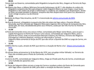         09:35 Forças leais ao Governo, comandadas pelo Brigadeiro Junqueira dos Reis, chegam ao Terreiro do Paço. 10:00 Na Ribeira das Naus, o Alferes Miliciano Fernando Sottomayor, do RC 7, não obedece às ordens do Brigadeiro Junqueira dos Reis para disparar sobre Salgueiro Maia e as suas tropas, o que leva o Brigadeiro a dar ordem de prisão a Sottomayor e a ordenar aos soldados que disparassem. Tendo-se estes recusado também a disparar, Junqueira dos Reis dispara dois tiros para o ar, abandona o local e dirige-se para a rua do Arsenal. 10:30Rendição do Major Pato Anselmo, do RC 7 e transmissão do sétimo comunicado do MFA. 10:45 Na Rua do Arsenal, o Brigadeiro Junqueira dos Reis dá ordem de fogo sobre o Tenente Alfredo Assunção, que fora enviado por Salgueiro Maia para negociar com as forças de Junqueira dos Reis. Tendo sido, de novo, desobedecido pelos seus militares, acaba por dar três murros no Tenente Assunção. 11:30 O Posto de Comando envia uma coluna militar, comandada pelo Major Jaime Neves, para ocupar a Legião Portuguesa na Penha de França e uma coluna, comandada por Salgueiro Maia, para o Quartel do Carmo, onde se encontravam Marcelo Caetano, Rui Patrício, ministro dos Negócios Estrangeiros e Moreira Baptista, ministro da Informação e Turismo.Salgueiro Maia comanda as forças da EPC que vão cercar o Quartel da GNR no Largo do Carmo, em Lisboa. 11:45 O MFA informa o país, através do RCP, que domina a situação de Norte a Sul.  Oitavo comunicado da MFA.11:50 Os oficiais feitos prisioneiros (a 16 de Março de 1974  por um golpe militar falhado)  no Terreiro do Paço são enviados para o Posto de Comando, na Pontinha. 12:15 A coluna da EPC, comandada por Salgueiro Maia, chega ao Chiado pela Rua do Carmo, envolvida por uma multidão de apoiantes civis. 12:30 As forças de Salgueiro Maia cercam o Largo do Carmo e recebem ordens do Posto de Comando para abrir fogo sobre o Quartel da GNR, para obter a rendição de Marcelo Caetano. 