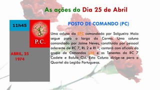 11h45 POSTO DE COMANDO (PC)
Uma coluna da EPC comandada por Salgueiro Maia
segue para o largo do Carmo. Uma coluna
comanda...