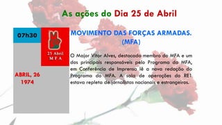 07h30 MOVIMENTO DAS FORÇAS ARMADAS.
(MFA)
O Major Vítor Alves, destacado membro do MFA e um
dos principais responsáveis pe...