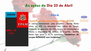 03h59 E.P.A.M.
Escola Prática de Administração Militar (EPAM)
A coluna comandada pelo Capitão Teófilo Bento
entra na RTP, ...