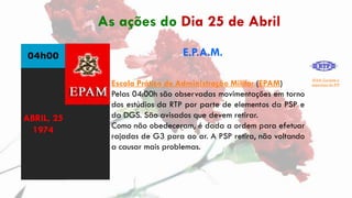 04h00 E.P.A.M.
Escola Prática de Administração Militar (EPAM)
Pelas 04:00h são observadas movimentações em torno
dos estúd...