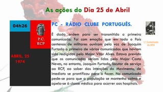 04h26 PC - RÁDIO CLUBE PORTUGUÊS.
É dada ordem para ser transmitido o primeiro
comunicado. Foi com emoção que em todo o Pa...