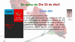 07h30 C.CAÇ. 4241
Companhia de Caçadores 4241
A Companhia estacionada nas antenas do RCP em
Porto Alto recebe um telefonem...