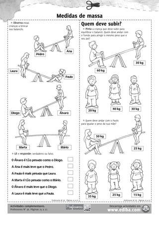 Medidas de massa
    Observa estas
crianças a brincar
                                                                             Quem deve subir?
nos balancés.                                                                    Pinta a criança que deve subir para
                                                                             equilibrar o balancé. Quem deve andar com
                                                                             o Tomás para atingir o mesmo peso que o
                                                                             seu pai?



                                                          Ana
                         Pedro

                                                                                                                                 30 kg

 Laura                                                                                     60 kg
                                                         Paula




                                                                                   20 kg                40 kg              30 kg
  Diogo                                          Álvaro
                                                                                 Quem deve andar com o Paulo
                                                                             para igualar o peso da sua mãe?



                                                                                          50 kg


         Marta                                     Mário                                                                       25 kg
    Lê e responde: verdadeiro ou falso.

  O Álvaro é tão pesado como o Diogo.
  A Ana é mais leve que o Pedro.
  A Paula é mais pesada que Laura.
  A Marta é tão pesada como o Mário.
  O Álvaro é mais leve que o Diogo.
  A Laura é mais leve que a Paula.                                                                      25 kg                 15 kg
                                                                                  35 kg
                                       Professores N.°36 - Páginas 25 a 27                                        Professores N.°36 - Páginas 25 a 27


 Actividades complementares.                                                                         Descarrega actividades em
 Professores N° 36. Páginas 25 a 27.                                                               www.ediba.com
 