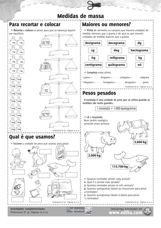 Medidas de massa
Para recortar e colocar                                                               Maiores ou menores?
   Recorta e coloca os pesos para que as balanças fiquem                                  Pinta de vermelho os cartazes que tiverem unidades de
em equilíbrio.                                                                        medida menores que o grama e de azul os que tiverem
                                                                                      unidades de medida maiores que o grama.
                              FARI FARINHA
   1 kg       1 kg           1/2 kg    1/2 kg                                           decigrama              decagrama                        dg

   1 kg       1 kg
                                                                                              cg                    dag                hectograma

                                                                                              hg                miligrama                        kg
   1 kg       1 kg
                                 4.500 g
                                                                                        centigrama             quilograma                       ml
   1 kg       1 kg
                                                                                          Completa estas séries.
                                                                                      1 grama = - - - - decigrama =- - - - centigrama =- - - - miligrama
 1/2 kg   1/2 kg

                                                                                      1 kilograma =- - - - hectograma = - - - - decagrama= - - - grama
 1/2 kg   1/2 kg                                                                                                                Professores N.°36 - Páginas 25 a 27
                                      MAÇÃS
                                      3 kg
 1/2 kg   1/2 kg                                                                      Pesos pesados
 1/2 kg   1/2 kg
                                                                                       A tonelada é uma unidade de peso que se utiliza quando as
                                                                                      medidas são muito grandes.
 1/4 kg   1/4 k                                                                                     1 tonelada = 1.000 quilogramas
                              FARI FARINHA
 1/4 k    1/4 kg              1kg       1 kg
                                                                                         Lê e responde:
                                                                                       Num jardim zoológico
 1/4 kg   1/4 kg
                                                                                       pesaram estes animais:
 1/4 kg   1/4 kg
                                                Professores N.°36 - Páginas 25 a 27


Qual é que usamos?
     Escreve a unidade de peso que usarias para pesar:
                                                                                                                                           3.600 kg



                                                                                           2.000 kg


                                                                                                                   115.700 kg


                                                                                       1- Quantas toneladas pesam cada animal?
                                                                                       2- Qual é o animal mais pesado?
                                                                                       3- Quantas toneladas pesam os três animais?
                                                                                       4- Quantos quilogramas faltam ao rinoceronte para pesar
                                                                                       4 toneladas?
                                                                                       5- Quantos quilogramas faltam à baleia para pesar
                                                                                       12 toneladas?
                                                Professores N.°36 - Páginas 25 a 27                                             Professores N.°36 - Páginas 25 a 27


 Actividades complementares.                                                                                      Descarrega actividades em
 Professores N° 36. Páginas 25 a 27.                                                                            www.ediba.com
 