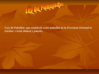 •Ley de Pabellón: que estableció como pabellón de la Provincia Oriental la
tricolor: «Azul, blanca y punzó».
 