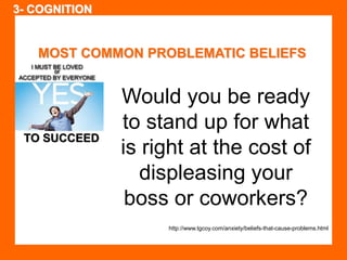 MOST COMMON PROBLEMATIC BELIEFS 
TO SUCCEED 
Would you be ready 
to stand up for what 
is right at the cost of 
displeasing your 
boss or coworkers? 
http://www.tgcoy.com/anxiety/beliefs-that-cause-problems.html 
3- COGNITION 
 