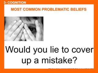 SELF / 5 STAR PERSONAL MASTERY MODEL / BELIEFS 
MOST COMMON PROBLEMATIC BELIEFS 
Would you lie to cover 
up a mistake? 
http://www.tgcoy.com/anxiety/beliefs-that-cause-problems.html 
3- COGNITION 
 