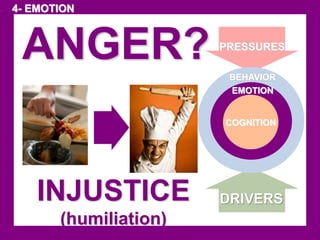 PRESSURES 
BEHAVIOR 
EMOTION 
COGNITION 
DRIVERS 
4- EMOTION 
ANGER? 
INJUSTICE 
(humiliation) 
 