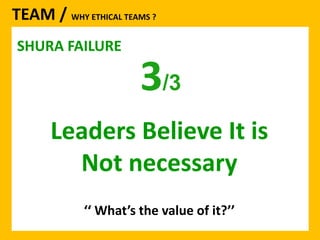 TEAM / WHY ETHICAL TEAMS ? 
SHURA FAILURE 
3/3 
Leaders Believe It is 
Not necessary 
‘‘ What’s the value of it?’’ 
 