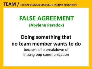 TEAM / ETHICAL DECISION MAKING / 3 FACTORS /COGNITIVE 
FALSE AGREEMENT 
(Abylene Paradox) 
Doing something that 
no team member wants to do 
because of a breakdown of 
intra-group communication 
 