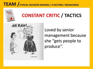 TEAM /ETHICAL DECISION MAKING / 3 FACTORS / BEHAVIORAL 
CONSTANT CRITIC 
CONSTANT CRITIC / TACTICS 
Loved by senior 
management because 
she ‘’gets people to 
produce’’. 
 
