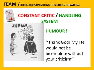TEAM /ETHICAL DECISION MAKING / 3 FACTORS / BEHAVIORAL 
CONSTANT CRITIC 
CONSTANT CRITIC / HANDLING 
SYSTEM 
HUMOUR ! 
‘‘Thank God! My life 
would not be 
incomplete without 
your criticism’’ 
 