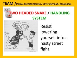 TEAM /ETHICAL DECISION MAKING / 3 DYSFUNCTIONS / BEHAVIORAL 
TWO HEADED SNAKE / HANDLING 
SYSTEM 
Resist 
lowering 
yourself into a 
nasty street 
fight. 
 