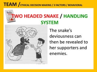 TEAM /ETHICAL DECISION MAKING / 3 FACTORS / BEHAVIORAL 
TWO HEADED SNAKE / HANDLING 
SYSTEM 
The snake’s 
deviousness can 
then be revealed to 
her supporters and 
enemies. 
 