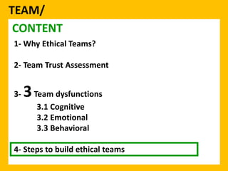 TEAM/ 
CONTENT 
1- Why Ethical Teams? 
2- Team Trust Assessment 
3-3Team dysfunctions 
3.1 Cognitive 
3.2 Emotional 
3.3 Behavioral 
4- Steps to build ethical teams 
 