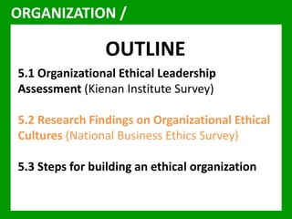 ORGANIZATION / 
OUTLINE 
5.1 Organizational Ethical Leadership 
Assessment (Kienan Institute Survey) 
5.2 Research Findings on Organizational Ethical 
Cultures (National Business Ethics Survey) 
5.3 Steps for building an ethical organization 
 