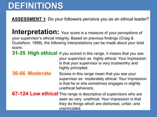DEFINITIONS 
ASSESSMENT 1: Do your followers perceive you as an ethical leader? 
Interpretation: Your score is a measure of your perceptions of 
your supervisor’s ethical integrity. Based on previous findings (Craig & 
Gustafson, 1998), the following interpretations can be made about your total 
score. 
31-35 High ethical If you scored in this range, it means that you see 
your supervisor as highly ethical. Your impression 
is that your supervisor is very trustworthy and 
highly principled. 
36-66 Moderate Scores in this range mean that you see your 
supervisor as moderately ethical. Your impression 
is that he or she sometimes engages in slightly 
unethical behaviors. 
67-124 Low ethical This range is descriptive of supervisors who are 
seen as very unethical. Your impression is that 
they do things which are dishonest, unfair, and 
unprincipled. 
 