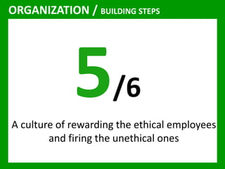 ORGANIZATION / BUILDING STEPS 
/6 
A culture of rewarding the ethical employees 
and firing the unethical ones 
 