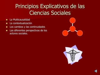 Principios Explicativos de las
Ciencias Sociales
 La Multicausalidad
 La contextualización
 Los cambios y las continuidades
 Las diferentes perspectivas de los
actores sociales.
 
