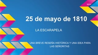 25 de mayo de 1810
UNA BREVE RESEÑA HISTÓRICA Y UNA IDEA PARA
LAS SEÑORITAS
MAN
LA ESCARAPELA
 