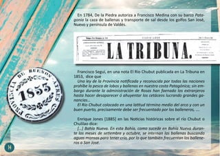 En 1784, De la Piedra autoriza a Francisco Medina con su barco Pata-
gonia la caza de ballenas y transporte de sal desde los golfos San José,
Nuevo y península de Valdés.
Francisco Seguí, en una nota El Rio Chubut publicada en La Tribuna en
1853, dice que
Una ley de la Provincia notificada y reconocida por todas las naciones
prohíbe la pesca de lobos y ballenas en nuestra costa Patagónica; sin em-
bargo durante la administración de Rosas han faenado los extranjeros
hasta hacer desaparecer ó ahuyentar los cetáceos lucrando grandes ga-
nancias…
El Río Chubut colocado en una latitud término medio del arco y con un
buen puerto, precisamente debe ser frecuentado por los balleneros, ….
Enrique Jones [1885] en las Noticias históricas sobre el río Chubut o
Chulilao dice:
[…] Bahía Nueva. En esta Bahía, como sucede en Bahía Nueva duran-
te los meses de setiembre y octubre, se internan las ballenas buscando
aguas mansas para tener cría, por lo que también frecuentan los ballene-
ros a San José.
14
 