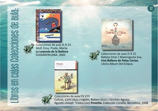 Colecciones de aula I5 R 23
Wolf, Ema, Prada, Marta.
La Leyenda de la Ballena
SUDAMERICANA. 2002
Colecciones de aula P3 V23
Collodi, Carlo (Aut.) Ingpen, Robert (Ilust.) Sánchez Aguilar,
Agustín (Adapt. Traducción) Pinocho. Colección Cucaña. Barcelona, 2008
Colecciones de aula I5 R 22
Batista Ethel / Mastrogiulio Eva.
Una Ballena de Patas Cortas.
Libros Album Del Eclipse.
22
 