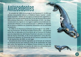 En octubre de 1984 se promulga la Ley Nacional N° 23.094 que
declara monumento natural a la Ballena Franca Austral —Euba-
laena australis— dentro de las aguas jurisdiccionales argentinas y
sujeto a las normas establecidas por la Ley de Parques Nacionales,
Monumentos Naturales y Reservas Nacionales 22.351. Las dispo-
siciones de la ley regirán en los lugares sujetos a la jurisdicción ex-
clusiva de la Nación y en las provincias que se adhieran al régimen
de la misma y celebren los convenios necesarios con la autoridad
competente.
En 2003 en la Provincia el Chubut se promulga la Ley 2258 —
hoy Ley Provincial I Nº 85 De Feriados Provinciales— que declara
como día no laborable en el territorio de la Provincia el Chubut,
para las dependencias del Estado Provincial ubicadas en la locali-
dad de Puerto Pirámides, el día 25 de septiembre como Día Pro-
vincial de la Ballena, en homenaje de los hechos acaecidos el día
25 de Septiembre de 2002, en ese lugar.
Actualmente tiene trámite legislativo en el Senado de la Nación
un proyecto de ley que instituye el día 25 de septiembre de cada
año como Día Nacional de la Ballena Franca Austral. En este día
se recuerda el esfuerzo y el espíritu de toda una comunidad para
rescatar a Garra de las cadenas enredadas en su cola.
03
 